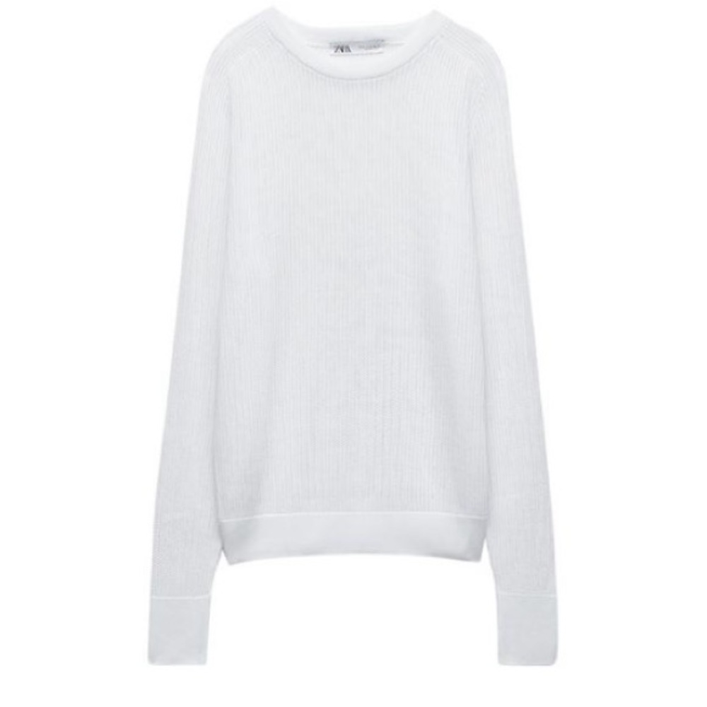 Zara White Tricot Knit Ribbed Sweater